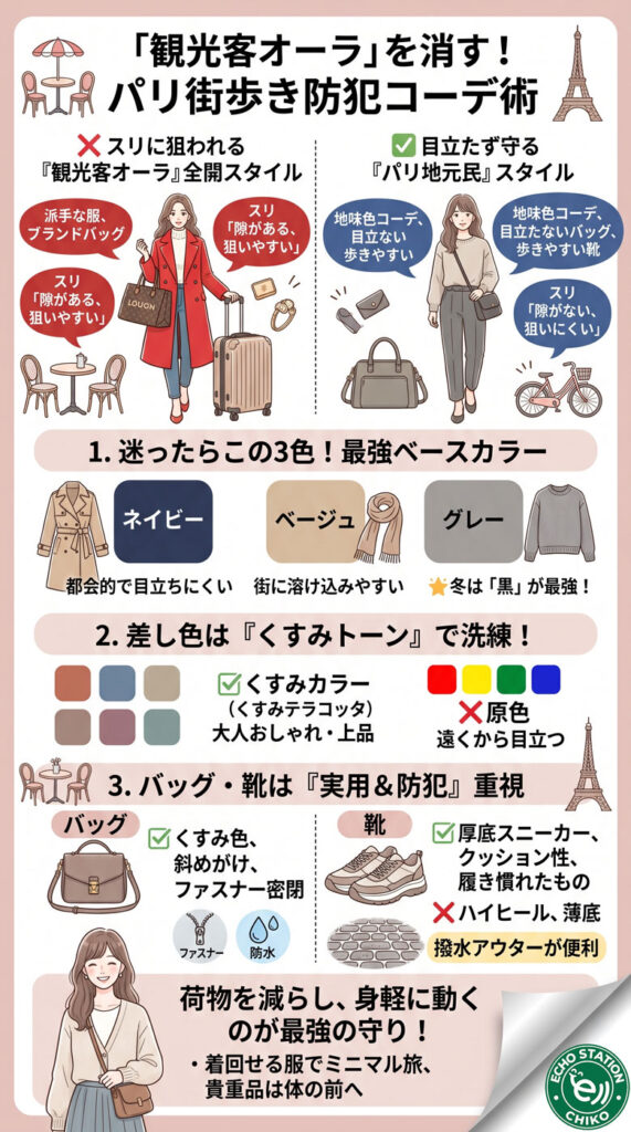 派手な服は標的の的?「観光客オーラ」を消すための地味色コーデ術インフォグラフ