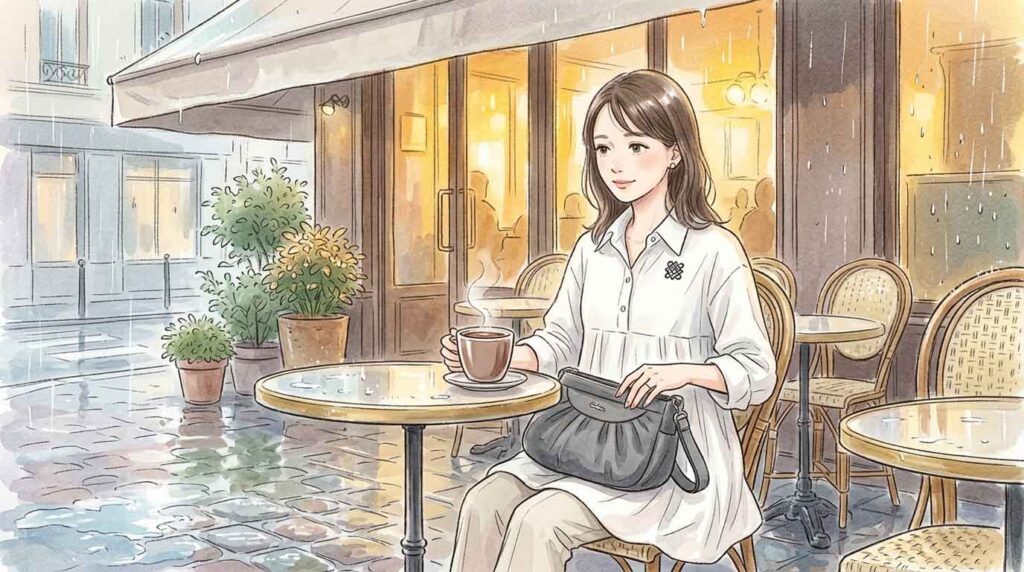 パリのカフェテラスでショコラショーを飲みながらバッグを膝に抱える女性のイラスト