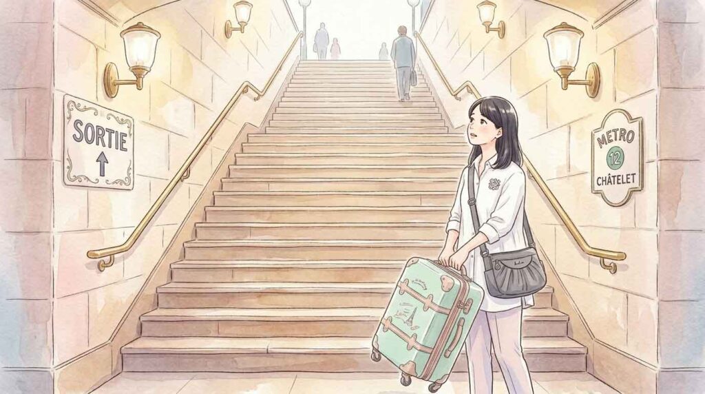 エスカレーターのない地下鉄階段でスーツケースを抱え上げる女性のイラスト