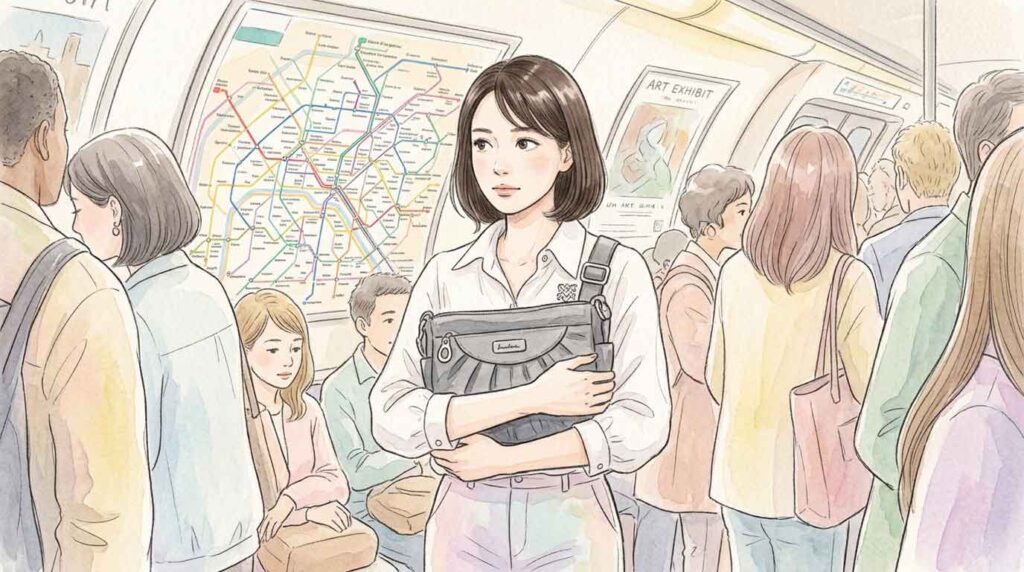 満員のパリの地下鉄車内で荷物をしっかり前抱えにする女性のイラスト