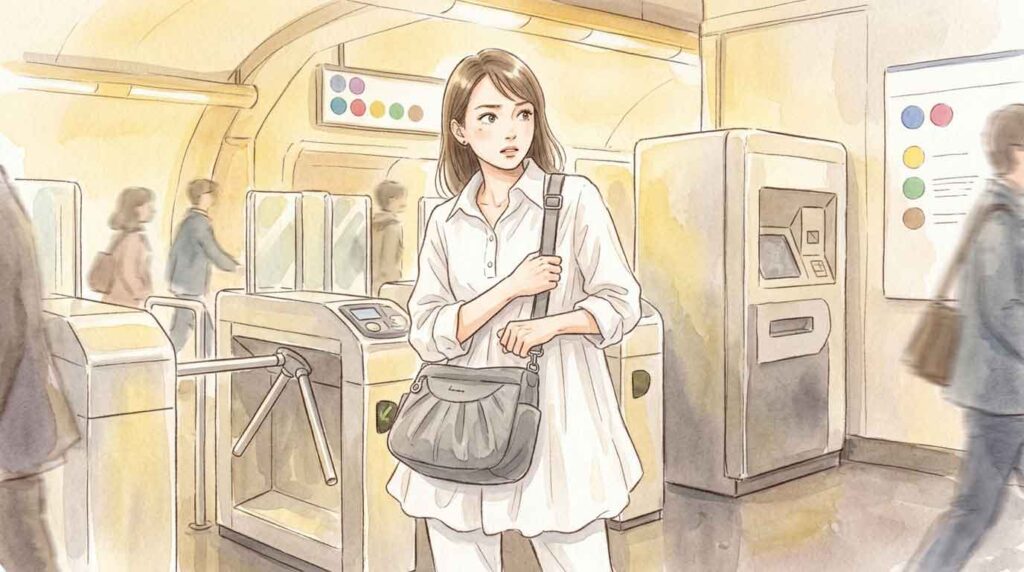 地下鉄の改札前でバッグをしっかり抱えて立ち止まる女性のイラスト