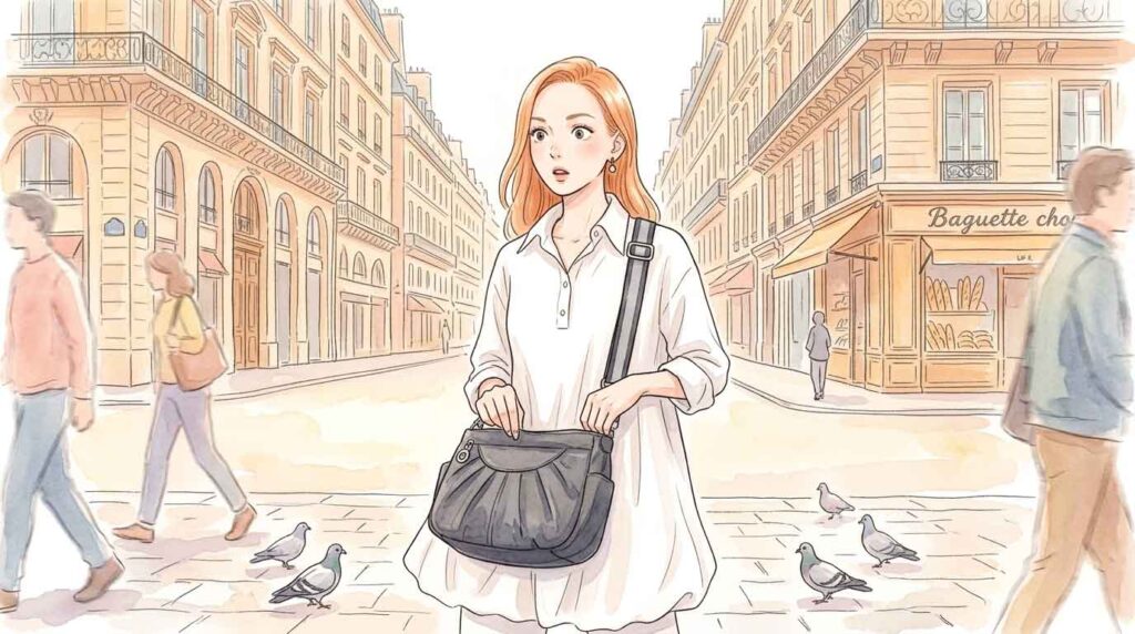 パリのオスマン建築の街並みと石畳の路地を歩く女性旅行者のイラスト