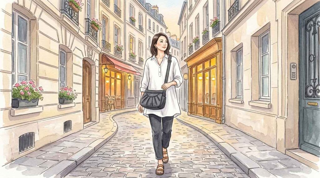 パリの石畳の路地を斜めがけバッグで歩く30代女性のイラスト