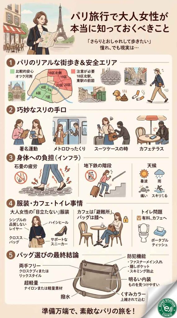 パリ旅行で大人女性が本当に知っておくべきこと|石畳・スリ・バッグ選びまで全部まとめインフォグラフ