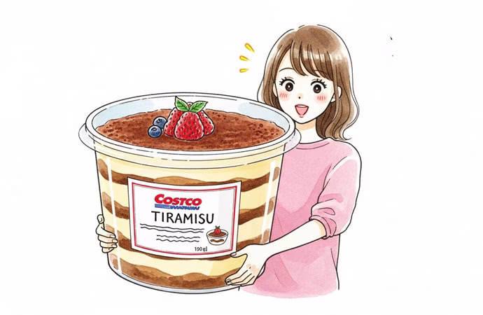 コストコの大容量ティラミスを両手で持ち、その大きさに驚く日本人女性のイラスト。