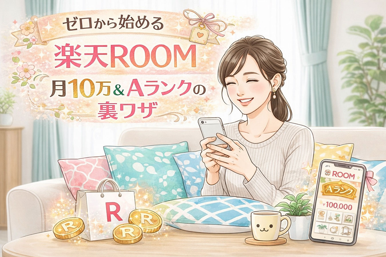 楽天ルームでAランクに上がって喜んでいる女性