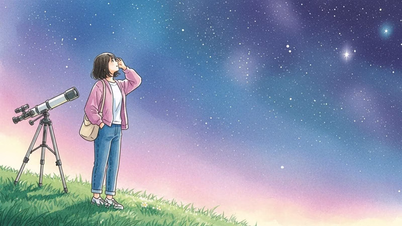 夜空を見上げる日本人女性と天体望遠鏡、水彩画風イラスト