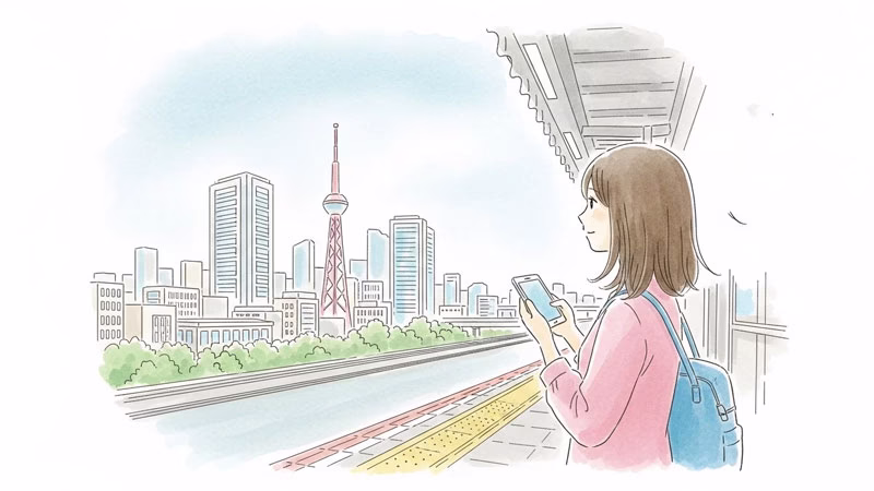 駅のホームでスマートフォンを持ち未来の街を眺める女性のイラスト