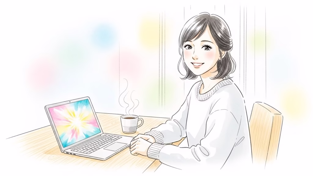 パソコンとコーヒーを前に、笑顔でリラックスしている日本人女性のイラスト。明るい未来をイメージしています。