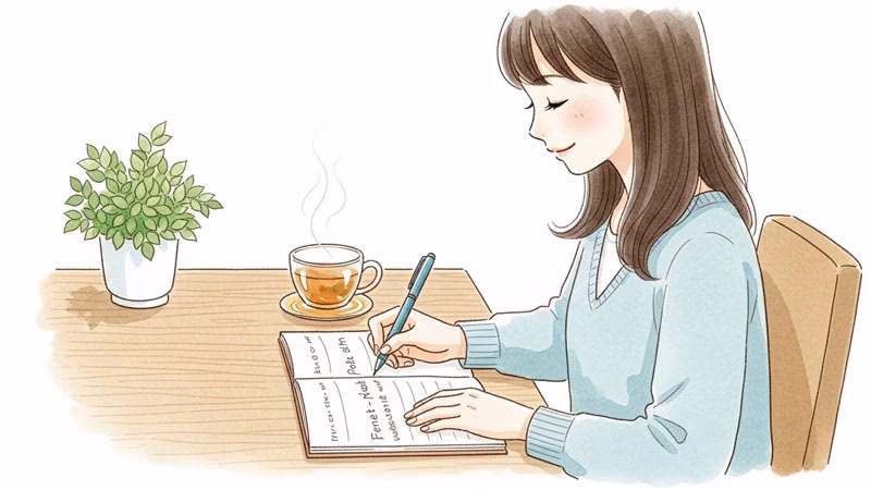 ノートに将来の計画を書き留めるリラックスした女性