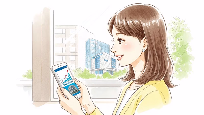 スマートフォンで株価をチェックする笑顔の女性