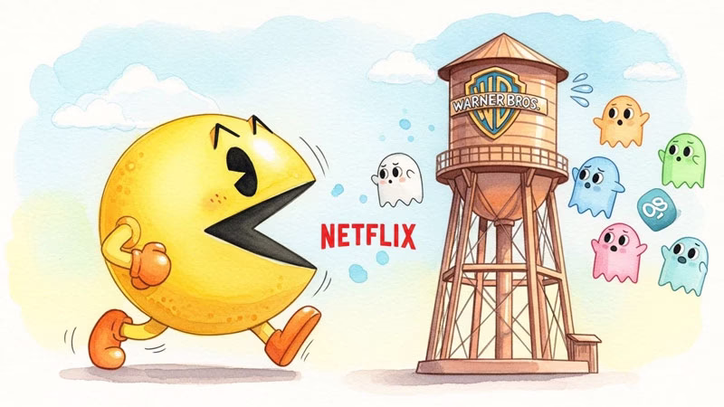 "Netflixとワーナー・ブラザースの統合をイメージした水彩イラスト