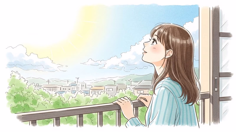 2025年のカレンダーを眺める穏やかな表情の女性の水彩画イラスト