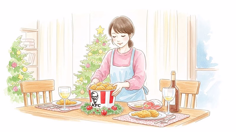 クリスマスの食卓を整える優しい表情の日本人女性の水彩画イラスト