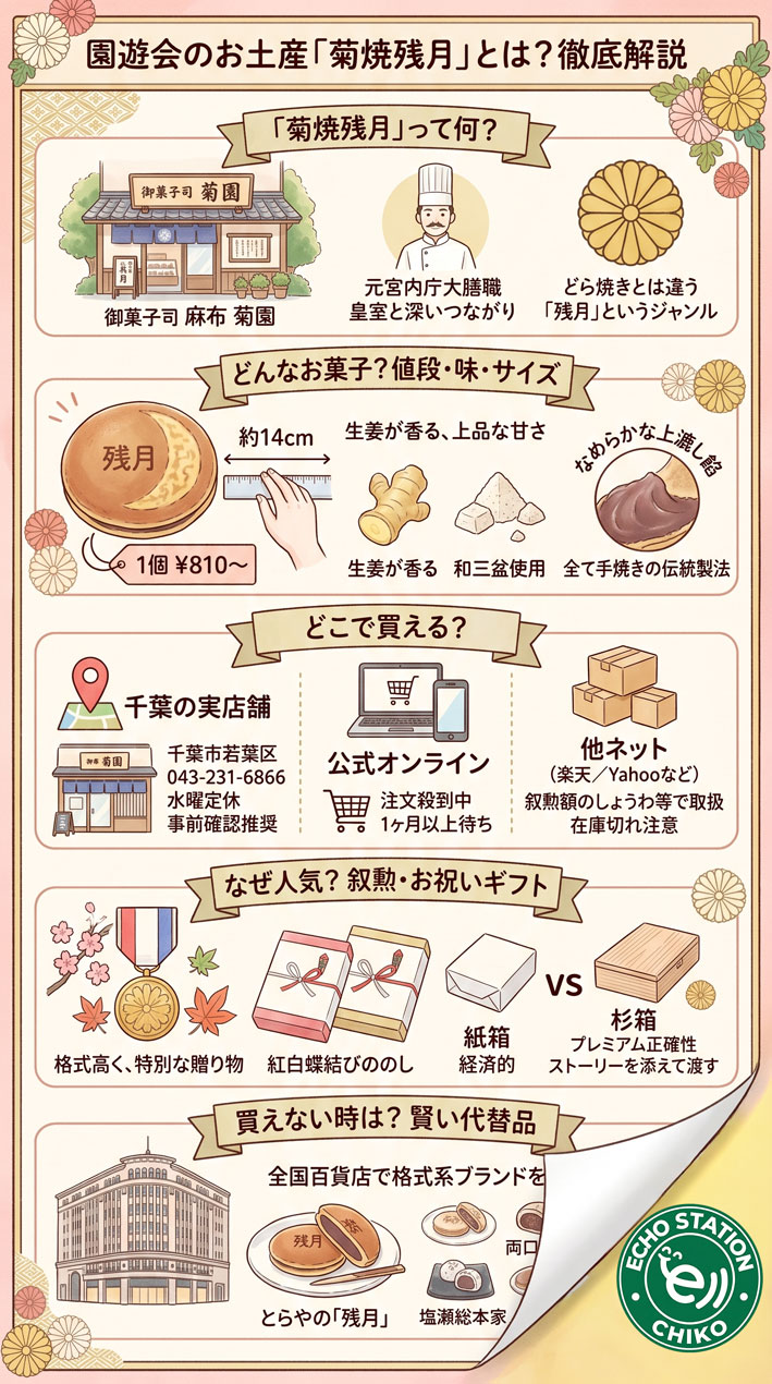 園遊会のお土産で話題!1個800円の和菓子「菊焼残月」とは?どこで買える? インフォグラフ