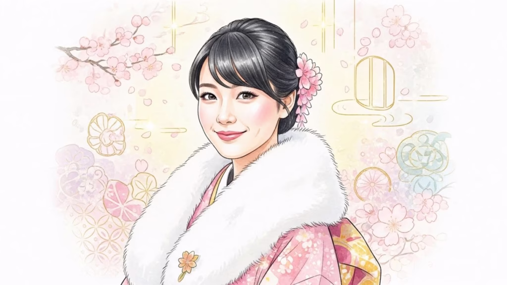 振袖を着て微笑む新成人の女性の水彩イラスト