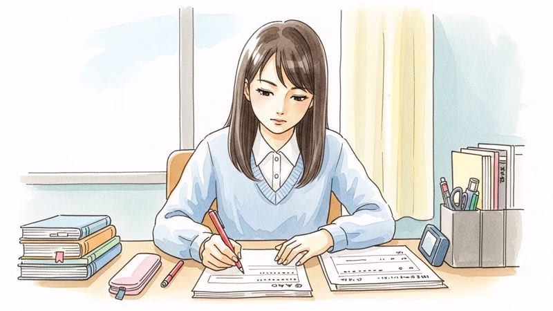 机に向かって自己採点をする受験生のイラスト