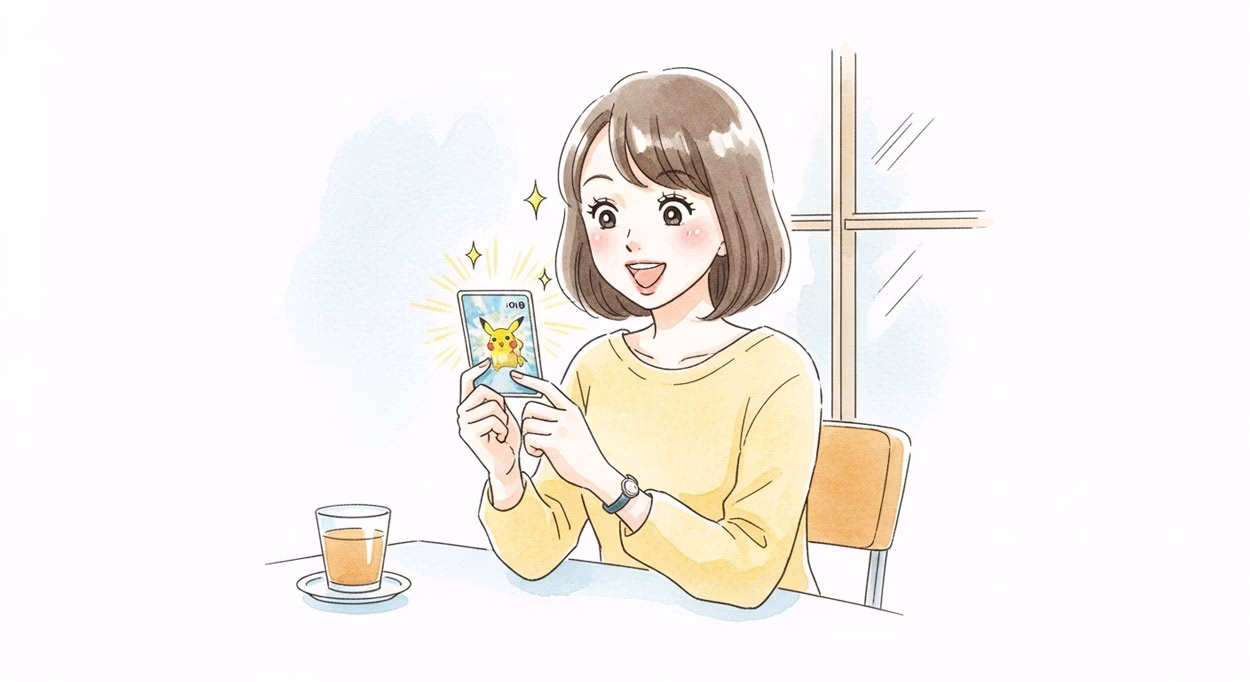 新しいポケモンカードを見て喜ぶ女性のイラスト