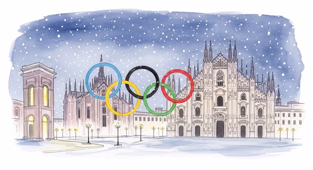 夜のミラノの街並みと雪景色を描いた水彩画イラスト