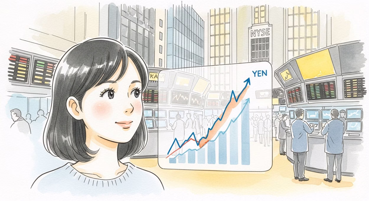 NYs特区マーケットで円高になっ散る様子を見ている