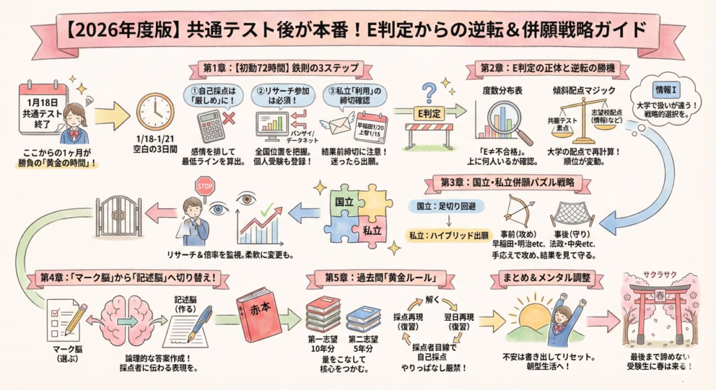 大学キャンパスで微笑む合格した学生のイラスト