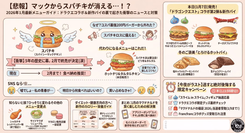 スパキチ終了のニュースなどを伝える 下記についてわかりやすく説明したインフォグラフィックを日本語で作成。女性が書いた柔らかいタッチ。画面右下のGeminiマークの入る位置にはテキストやイラスト