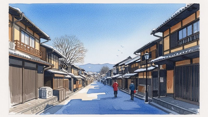 t: 冬の京都の街並みの水彩画