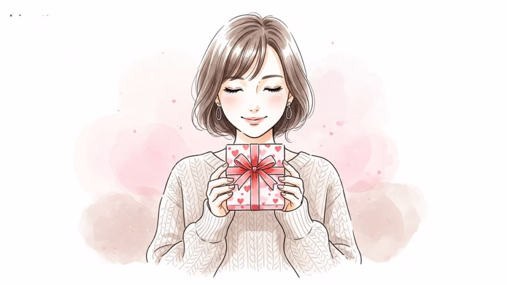 バレンタインのプレゼントを持つ笑顔の女性