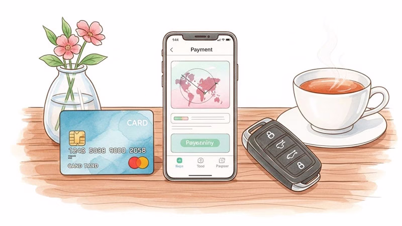 クレジットカード、スマホ、車の鍵のイラスト