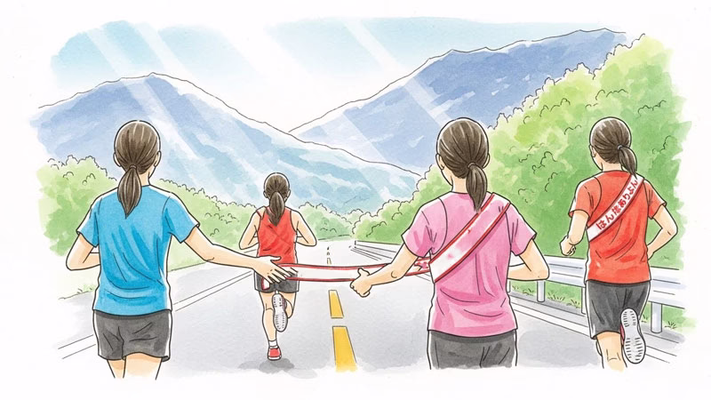 箱根駅伝サステナビリティーを象徴する画像白バイ、ランナー、監督車すべてサステナ