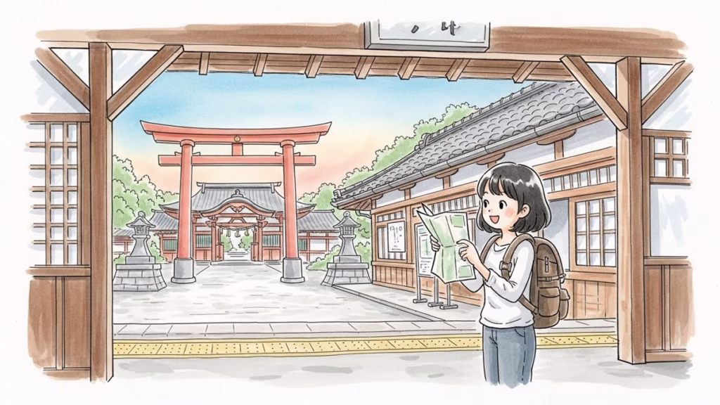 出雲大社への旅を計画する女性とレトロな駅舎のイラスト
