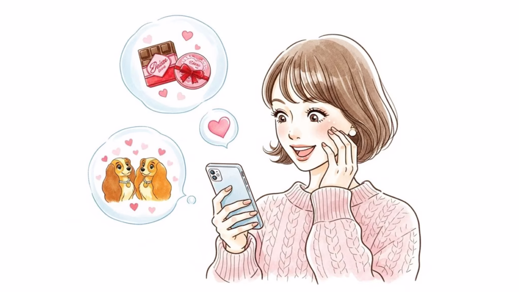スマホでダイソーのバレンタイン情報をチェックして驚く女性のイラスト