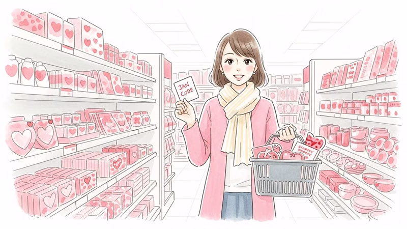 ダイソーの店舗で目当ての商品を見つけて喜ぶ女性のイラスト