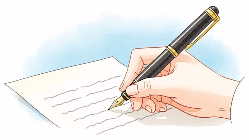 原稿用紙に記述式の回答を書く手元のイラスト