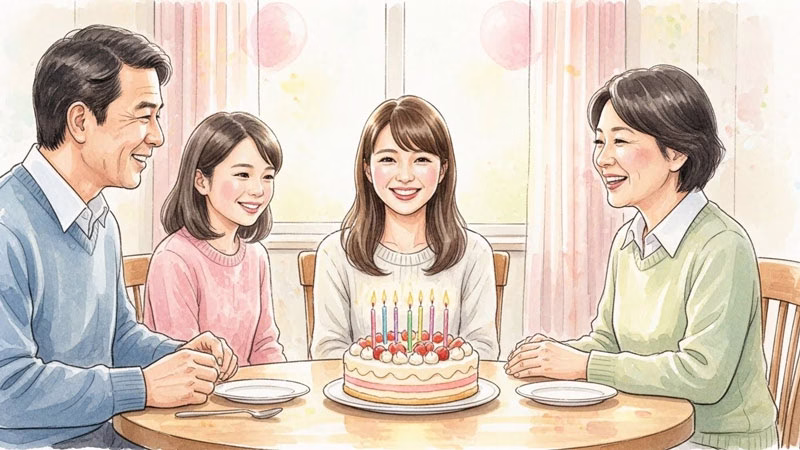 ケーキを囲んで成人のお祝いをする家族の団欒