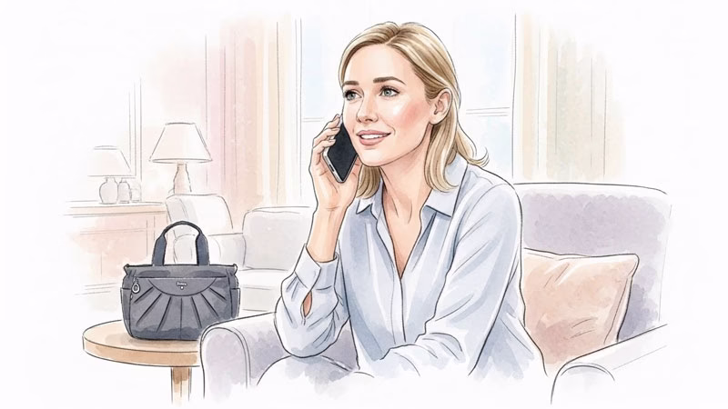 店舗に電話で在庫確認をする女性のイラスト