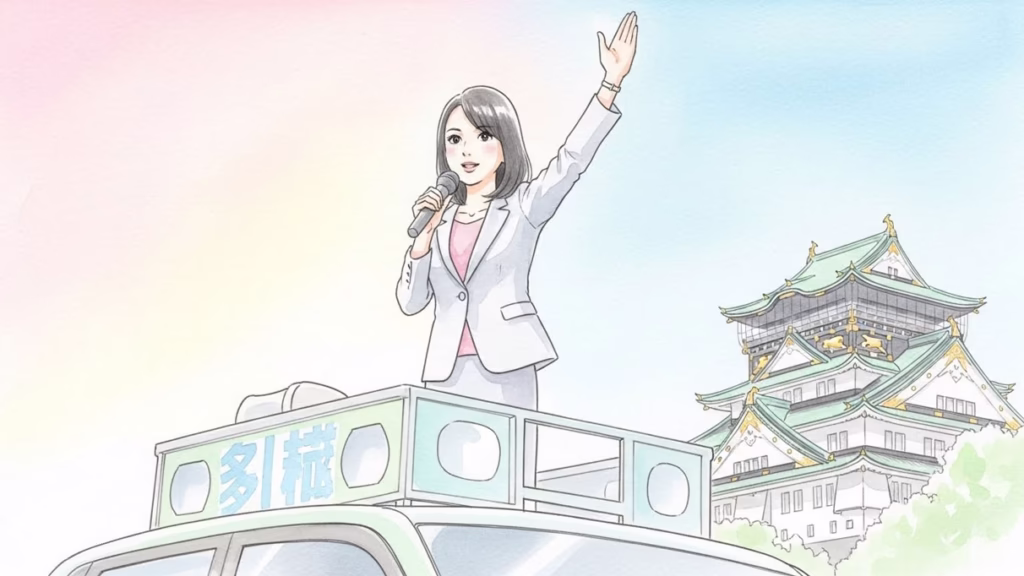 辞職と出直し選挙を表明し、大阪の街並みを背景に決意を固めるリーダーの後ろ姿を描いた水彩画。