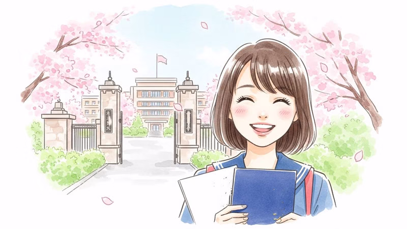 大学キャンパスで微笑む合格した学生のイラスト