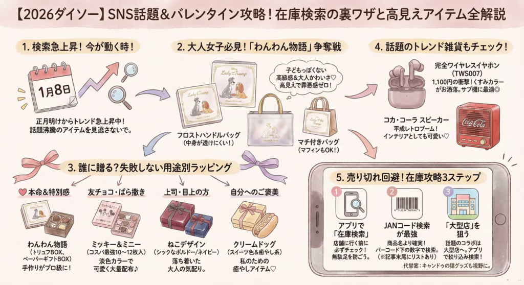 DAISOアプリで在庫検索をしている手元のイラスト