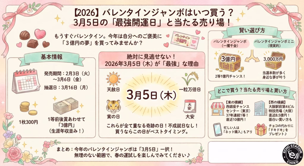 【2026】バレンタインジャンボはいつ買う？3月5日の「一粒万倍日の最強開運日」と当たる売り場を徹底調査！