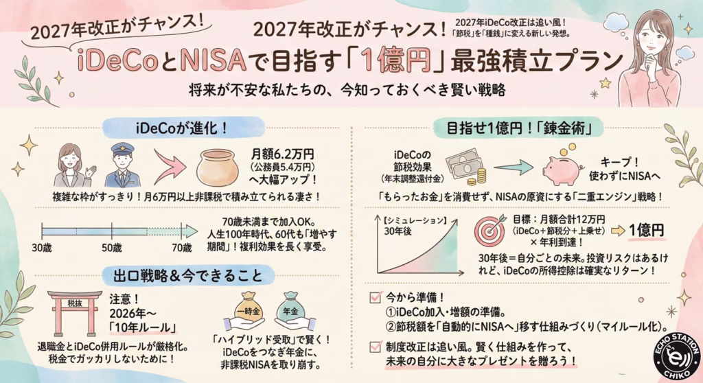 【2026年12月】iDeCo改正で上限6.2万円へ？節税→NISA再投資で「1億円」を狙う積立戦略