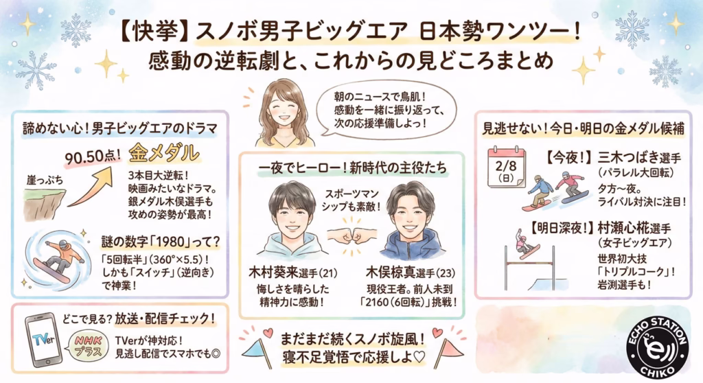 【ミラノ・コルティナ2026】スノボ男子ビッグエア日本勢が金銀ワンツー！逆転劇と「1900/1980」って何？今日の放送予定も