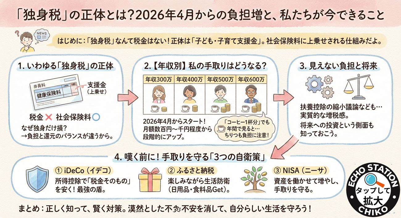 「独身税」はデマ？正体は「子ども・子育て支援金」｜2026年4月の負担額と手取り防衛（iDeCo・ふるさと納税・NISA）