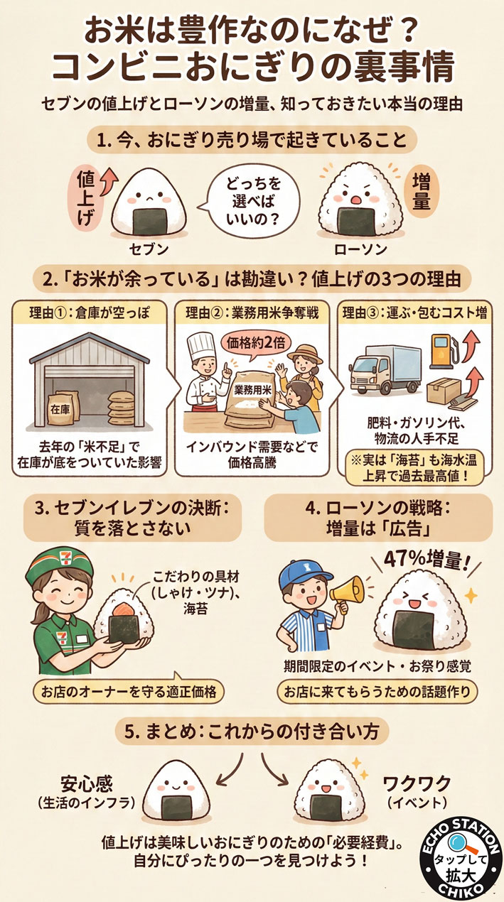 お米は豊作なのになぜ高い？セブン値上げ・ローソン増量に見るコンビニおにぎりの裏事情【2026年最新】