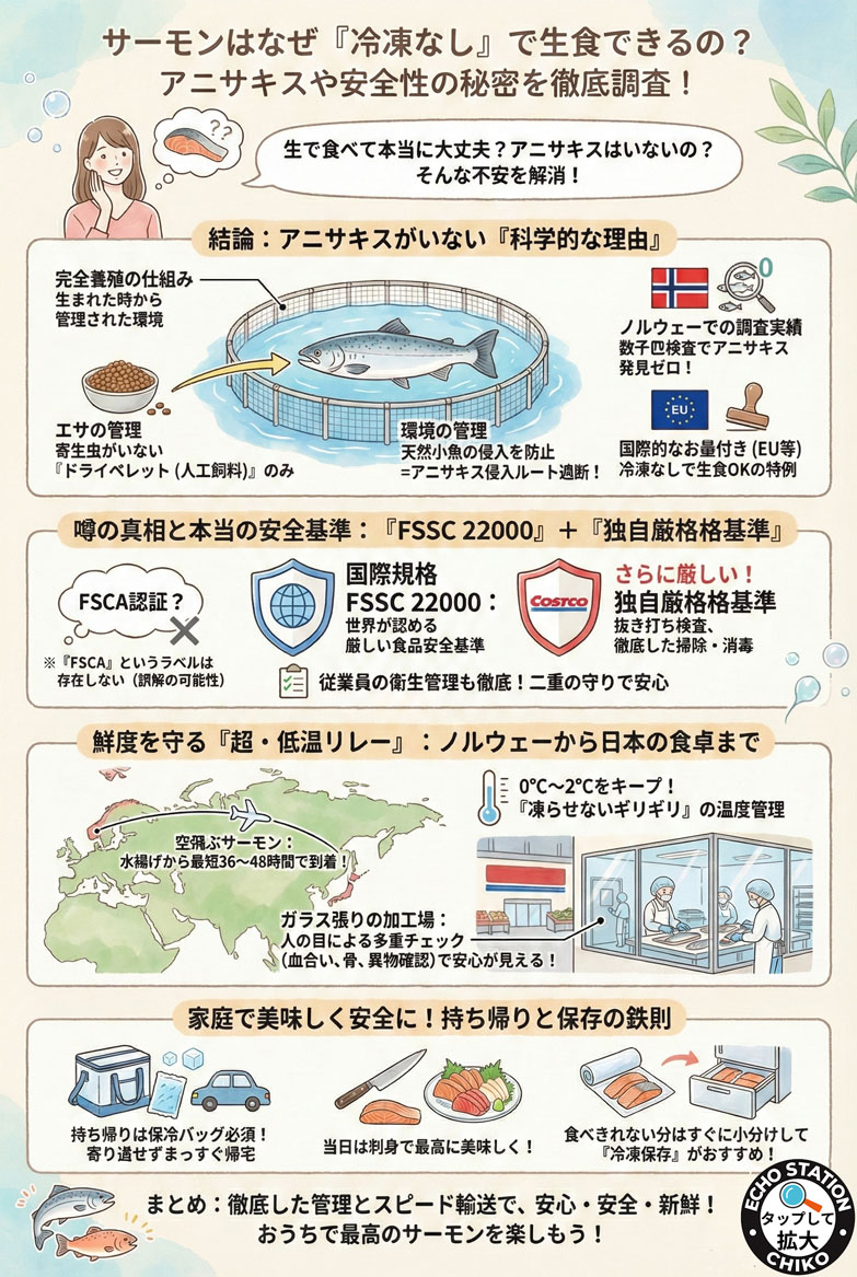 コストコのサーモンはなぜ冷凍なしで生食できる?アニサキスが“ほぼ出ない”理由と安全な持ち帰り術