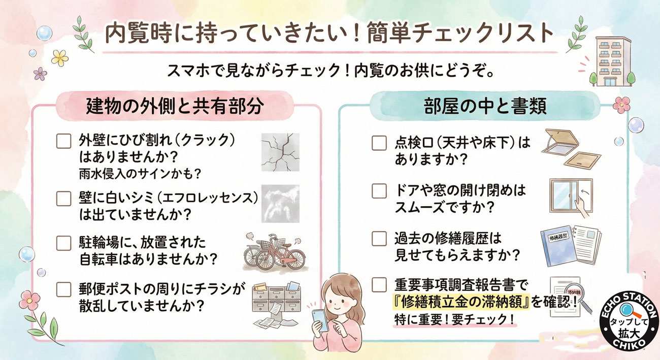 【中古マンション購入】内覧チェックリスト完全版|新耐震・修繕積立金・管理状態で資産価値を見極める方法