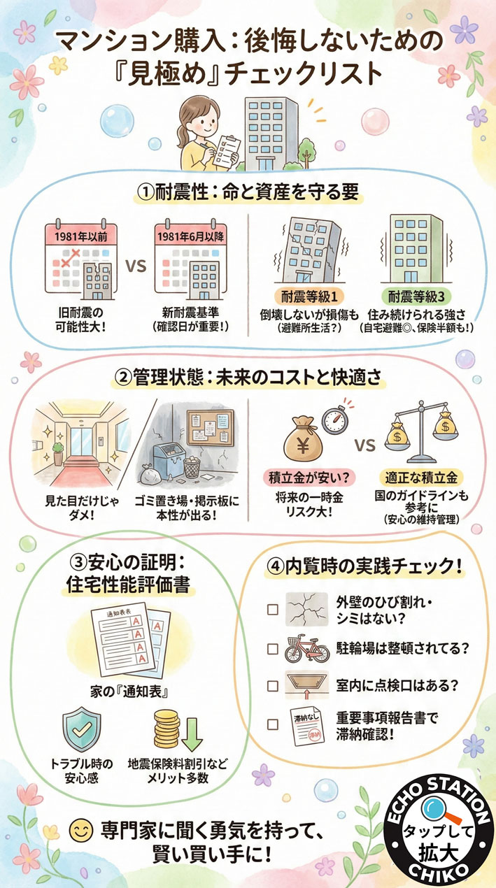 【中古マンション購入】内覧チェックリスト完全版|新耐震・修繕積立金・管理状態で資産価値を見極める方法