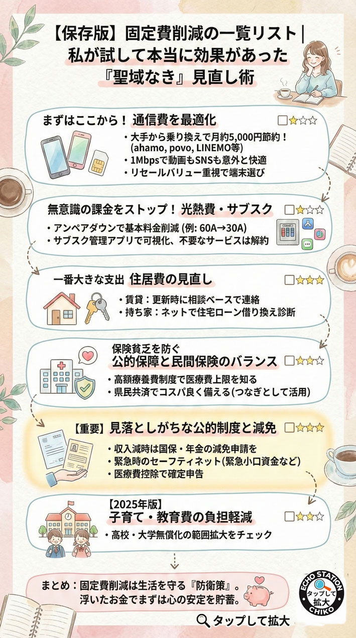 【保存版】固定費削減の一覧リスト|通信費・光熱費・家賃・保険・公的制度まで“聖域なし”見直し術