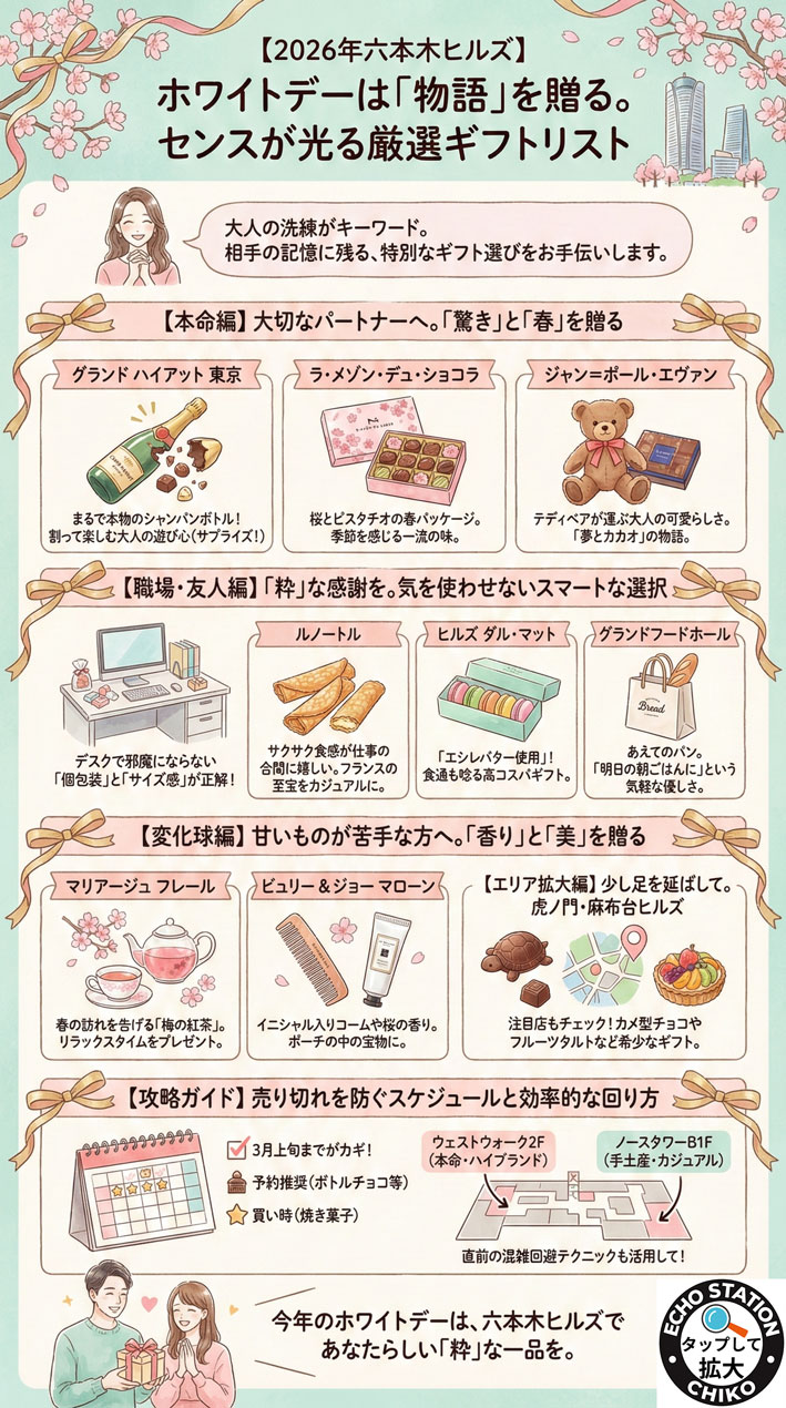 【2026】六本木ヒルズ ホワイトデー完全ガイド|本命は“物語チョコ”・職場は個包装・甘くないギフトも