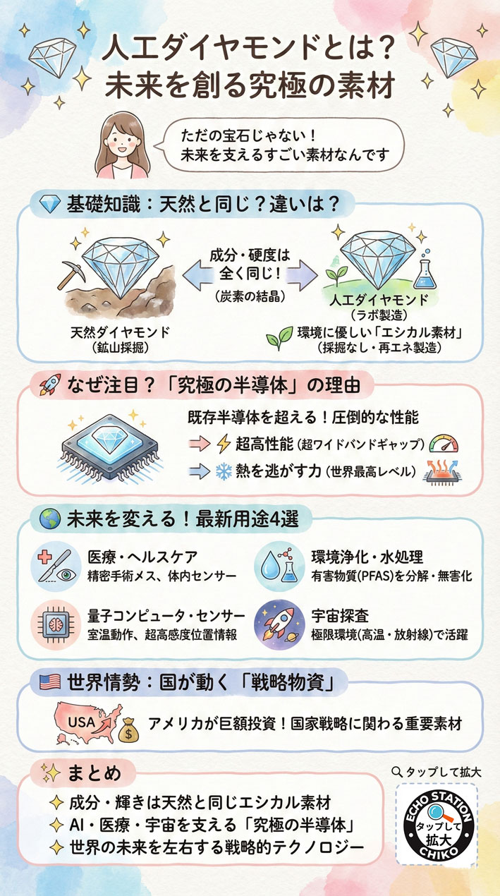 人工ダイヤモンドとは?天然との違いから「究極の半導体」と呼ばれる理由・未来の最新用途まで徹底解説
